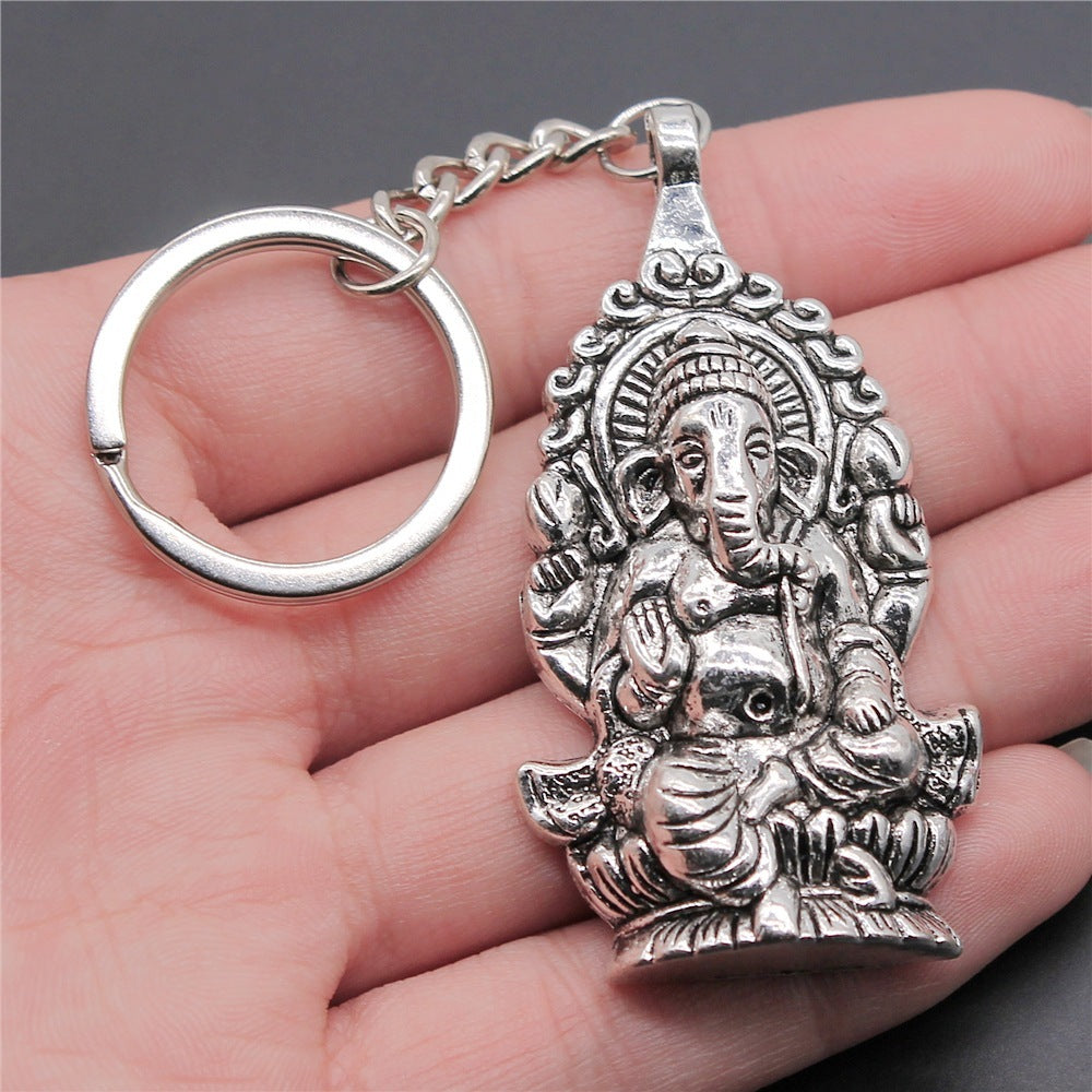 Elephant God Keychain Pendant Antique Silver Bronze Finish Electroplated Metal Ornament Souvenir Gift Keepsake