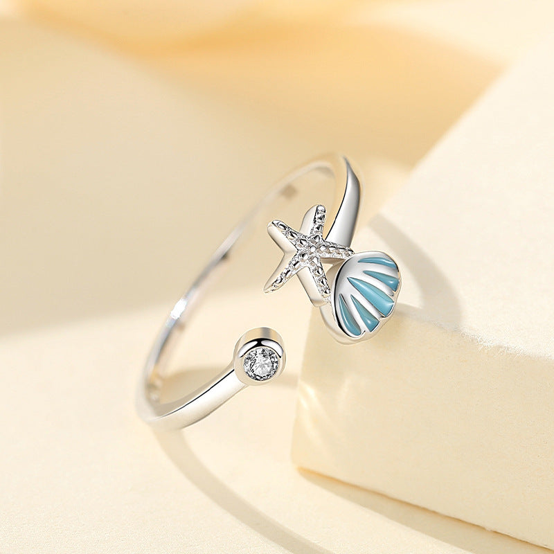 Sterling Silver Shell Starfish Ring Adjustable Opening Gemstone Inlay Inner Diameter 17mm White Gold Jewellery