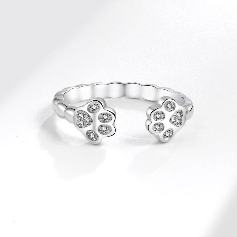 Womens Open Ring Adjustable Cute Animal Footprints Cat Design Copper Electroplated White Gold Fashion Ring Gift