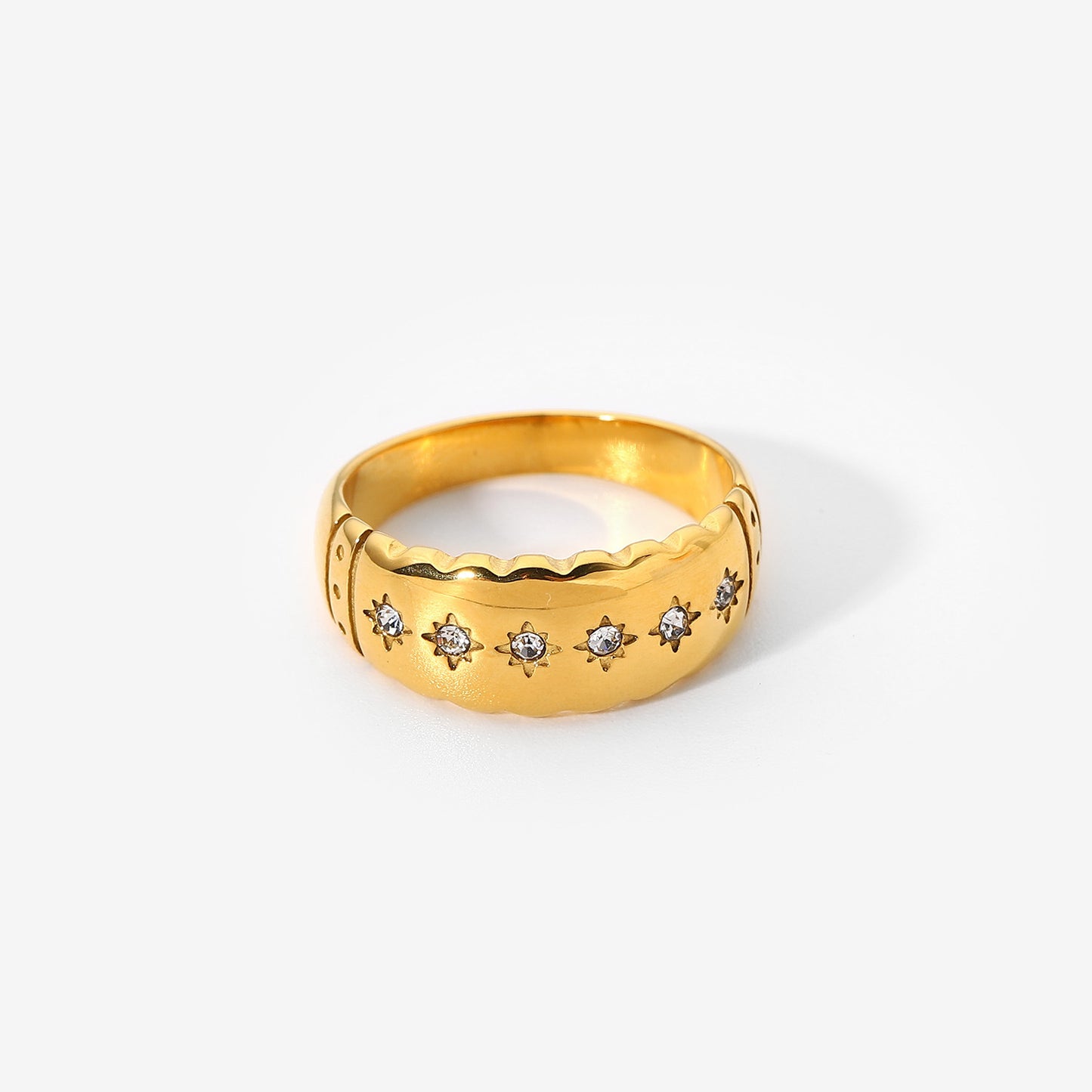 Gold Plated Stainless Steel Eight Pointed Star Ring with Diamond Accent for Women Jewelry Timeless Everyday Luxury