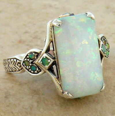 Womens Square White Opal Ring Antique Silver Alloy Geometric Inlaid Gemstone Ring Fashion Jewelry Everyday Wear