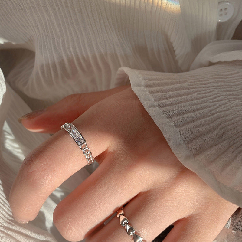 Womens Silver Ring Korean Texture Square Ring Diamond Chain Ring Electroplated Geometric Ring Adjustable Opening Ring Individually Packed Festival Ring