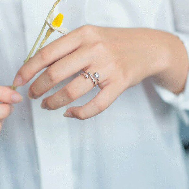 Womens Adjustable Copper Ring With Cubic Zirconia Geometric Design Three Layer Diamond Look White Gold Plated