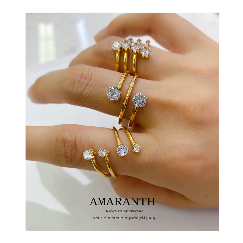 Titanium Steel Index Finger Ring Adjustable Opening With Large Diamond Zircon Inlay Geometric Ring European Style