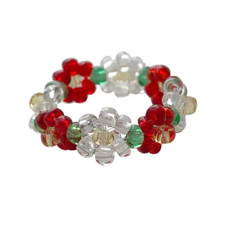 Womens Hand Woven Crystal Flower Ring Beaded Elastic Braclet Elegant Floral Fashion Jewelry Flower Design Ring