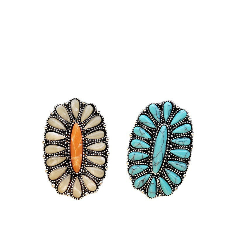 Retro Exaggerated Ring Colorful White Jade Turquoise Adjustable Opening Unisex Electroplated Statement Jewelry