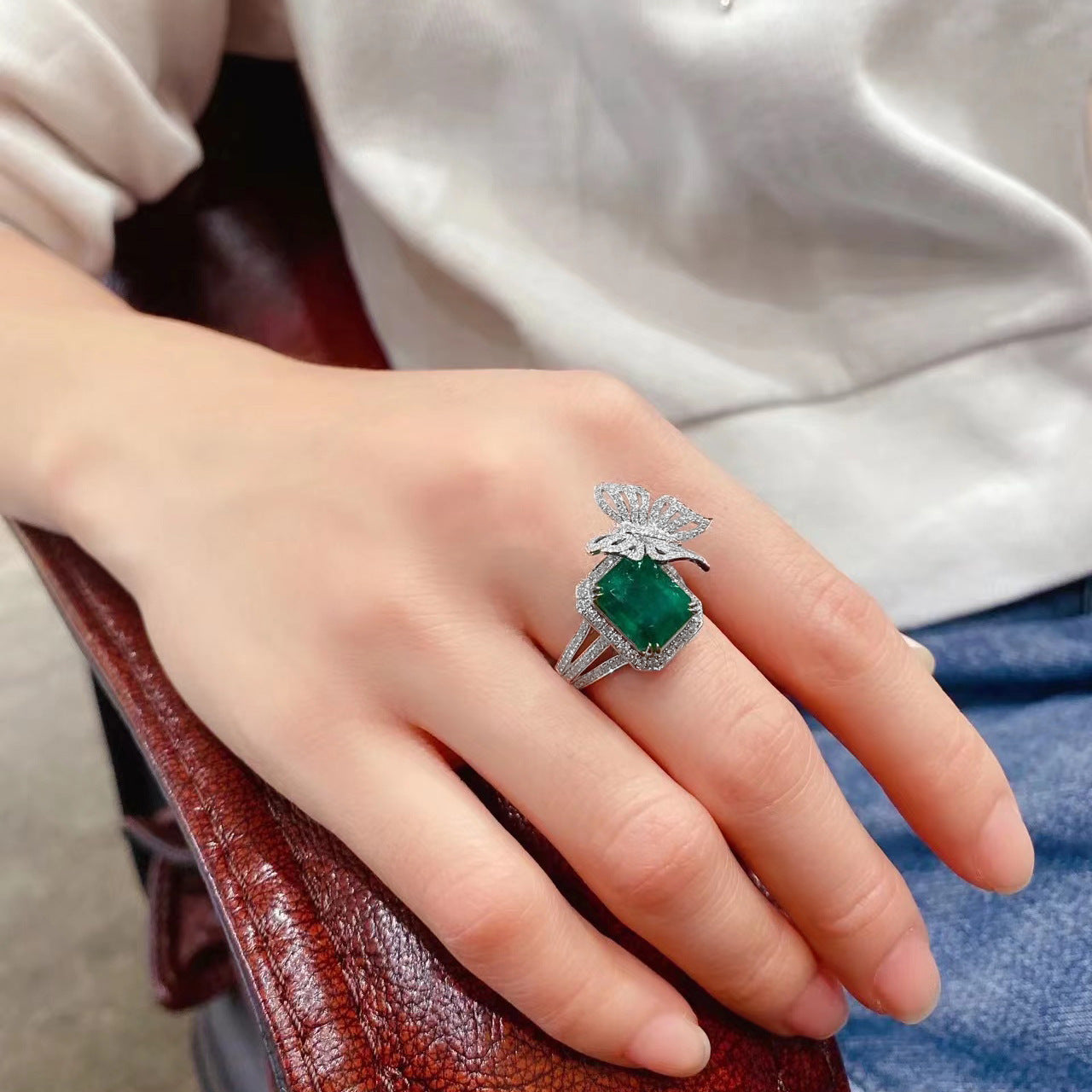 Copper Ring With Green Gems Butterfly Design Adjustable