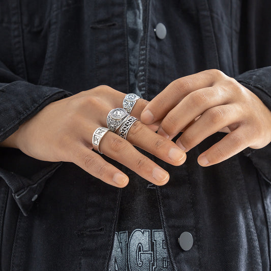 Men Alloy Totem Ring Set Antique Silver Finish Embossed Running Horse Chain Rings Zodiac European American Style