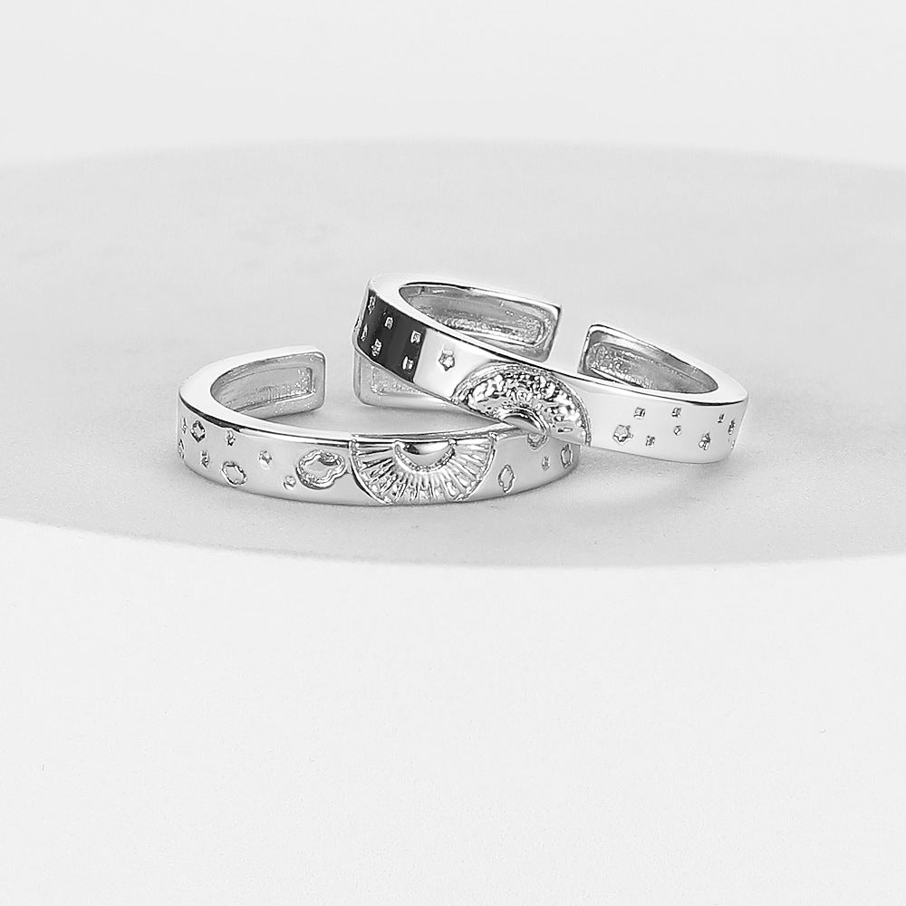 Personalized Star And Moon Corrosion Pattern Simple Brass Ring Five Pointed Star Open Mouth Copper Style Japan