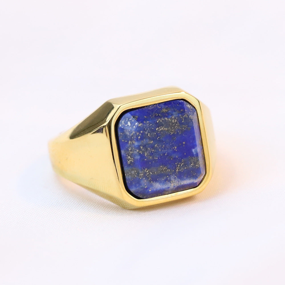 Unisex Titanium Steel Ring with Geometric Square Lapis Inlay Retro Stainless Steel Statement Ring Gift for Him or Her Fashion Jewelry Accessories