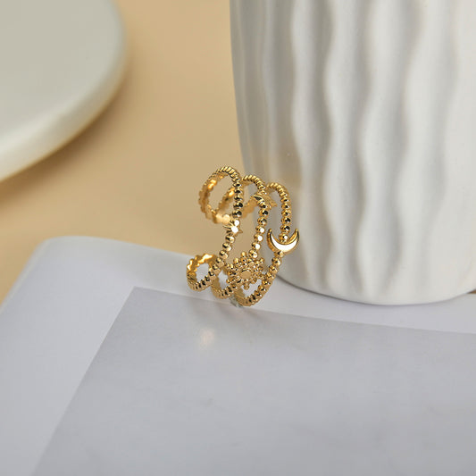Gold Stainless Steel Ring Floral Hollow Out Design Adjustable Fashion Jewelry Accessory Elegant Gift For Women