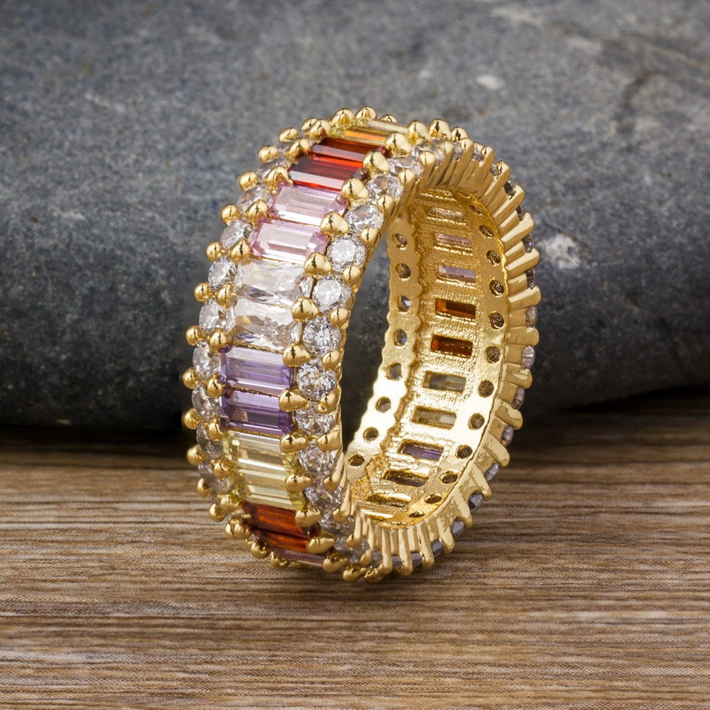 Gold Plated Copper Rings Rainbow Cubic Zirconia Dainty Elegant Women Fashion Jewelry Sparkle For Everyday Wear