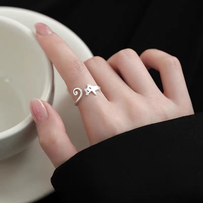 Women Kitten Ring Copper With Silver Finish Cute Frosted Cat Design Jewelry For Cat Lovers Everyday Style Wear