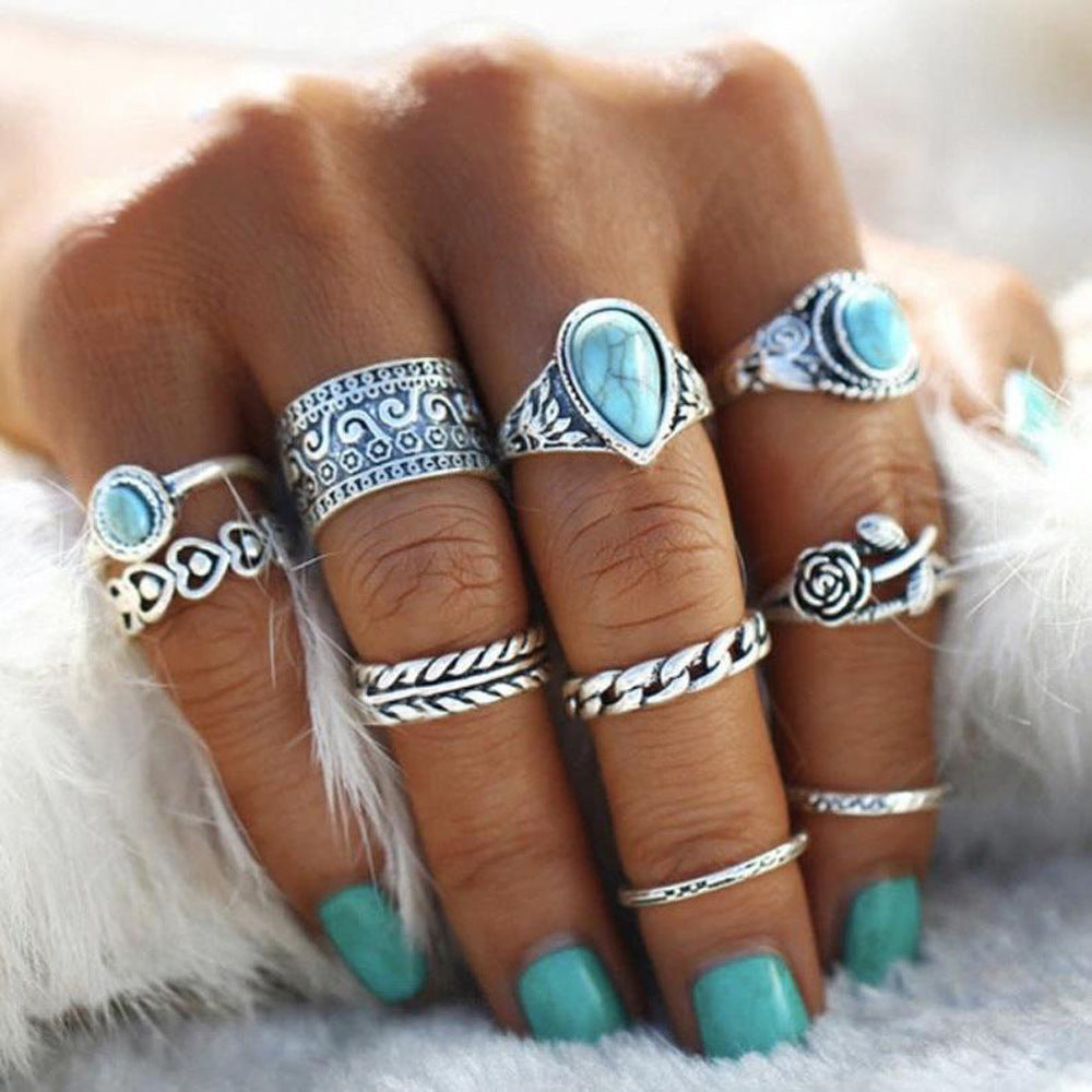 Turquoise 10 Piece Set Joint Combination Ring Inlaid Gem Antique Silver Female Couple Style Cloud Pattern Ring