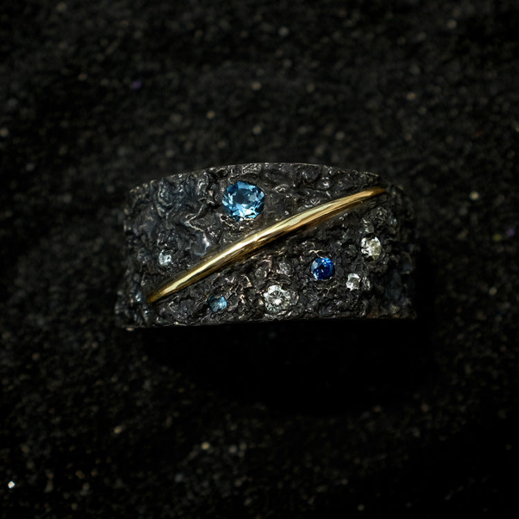 Sterling Silver Diamond Ring Unisex Star Sapphire Adjustable Band Geometric Design For Men And Women Elegant Gift