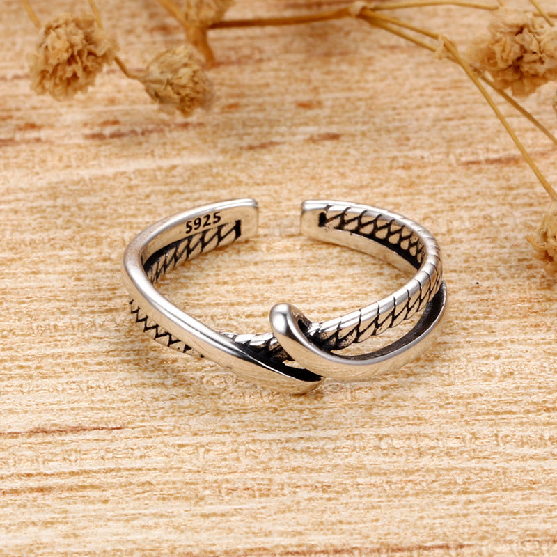 Womens 925 Sterling Silver Ring Geometric Design Vintage Style Simple Ring Niche Light Luxury Band Fine Crafts