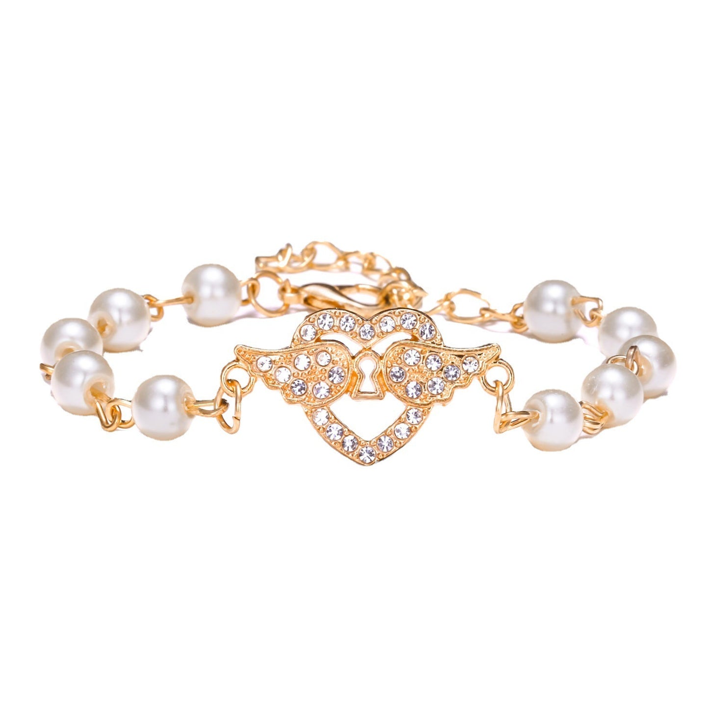 Womens Alloy Rhinestone Pearl Bracelet Geometric Heart