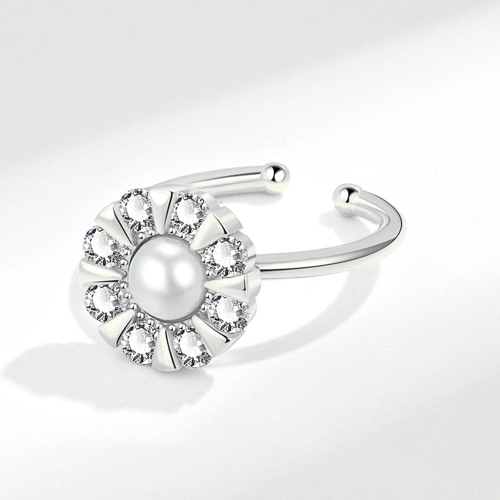 Womens Adjustable Ring With Rotating Zircon Pearl Inlaid Copper Band 13mm Gem Jewelry Fashion Elegant Timeless Piece