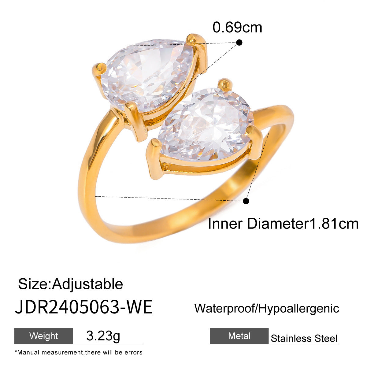 Unisex 18K Gold Plated Stainless Steel Ring With Zircon Open End Geometric Line Design Electroplated Jewelry XL