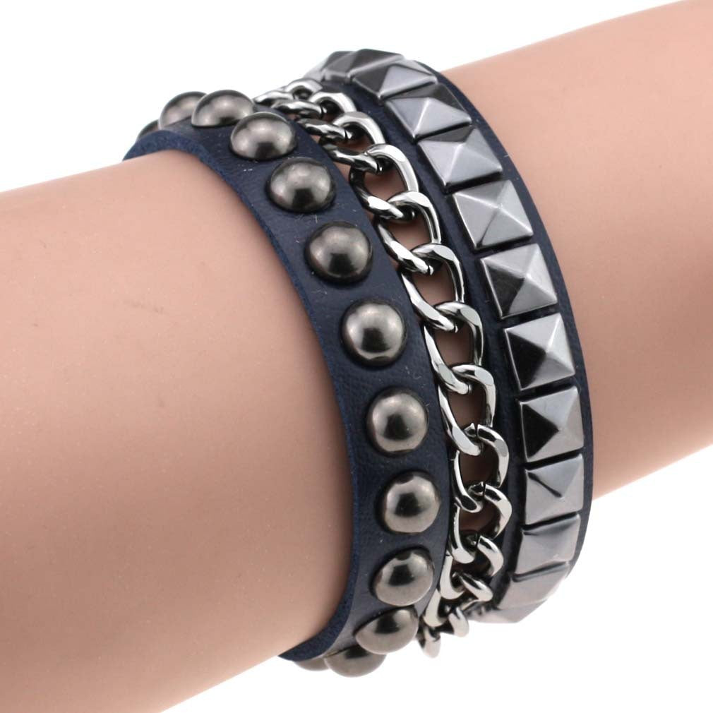 Layered Rivet Leather Bracelet PU Metal Bangle 22cm