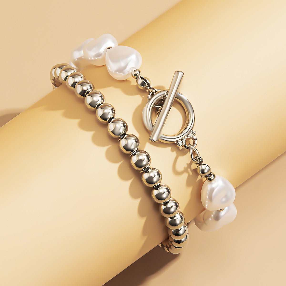 Geometric Bracelet Electroplated Metal Jewelry With Imitation Pearls In Gold Tone And Silver Finish For Women Everyday