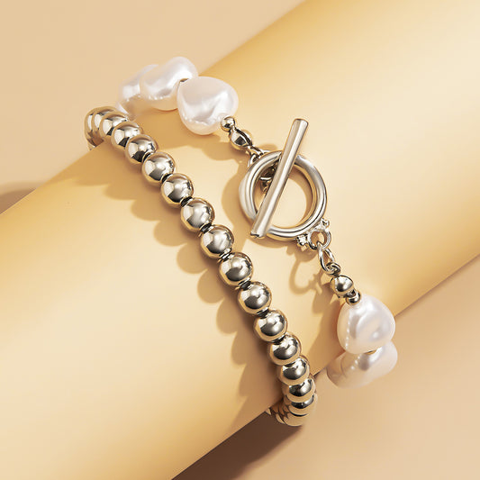 Geometric Bracelet Electroplated Metal Jewelry With Imitation Pearls In Gold Tone And Silver Finish For Women Everyday