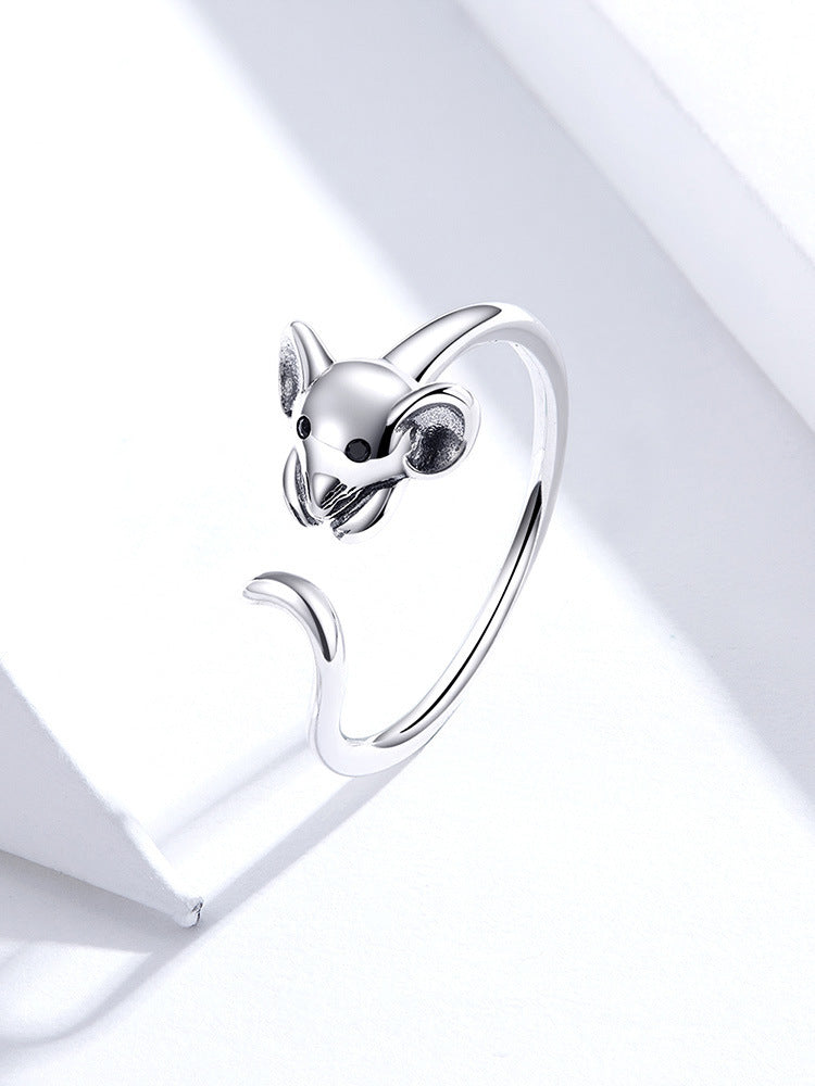 Sterling Silver Animal Ring Cute Mouse Inlaid Gemstone Geometric Ring For Women Girls Thin Band S925 Ring Ring