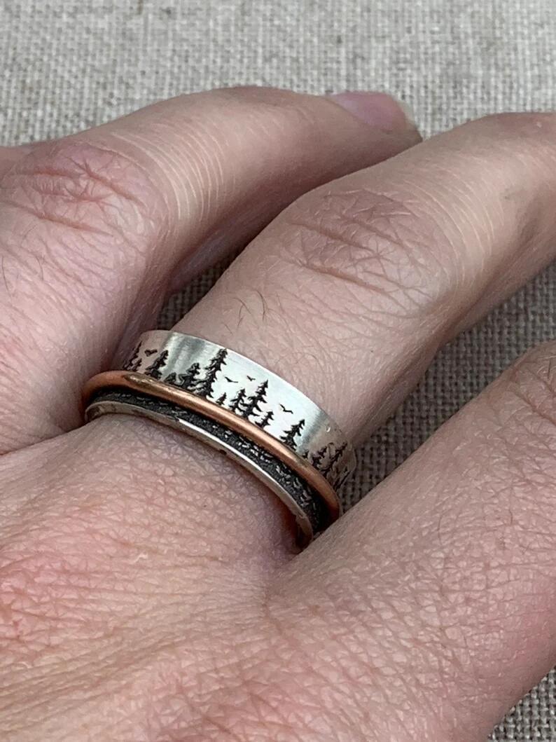 Two Tone Electroplated Antique Silver Rings With Engraved Forest Birds And Geometric Design For Womens Jewelry