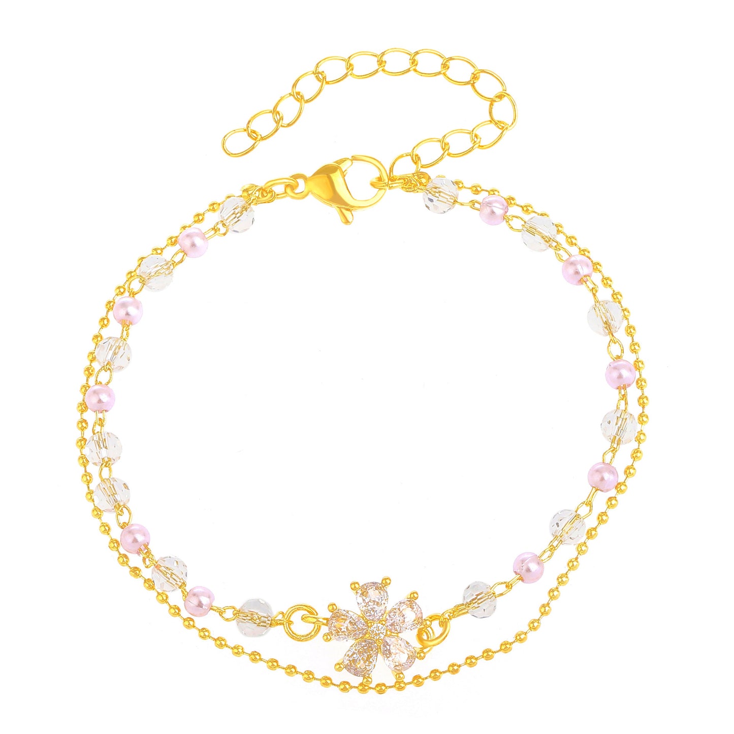 Womens Pearl Bracelet Electroplated Double Crystal Flower Copper Bangle Minimalist Jewelry Gold Silver Elegant