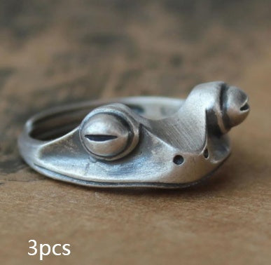 Womens Retro Frog Ring Adjustable Big Eye Animal Ring Ancient Silver Alloy Jewelry Gift Vintage Style Gem Ring