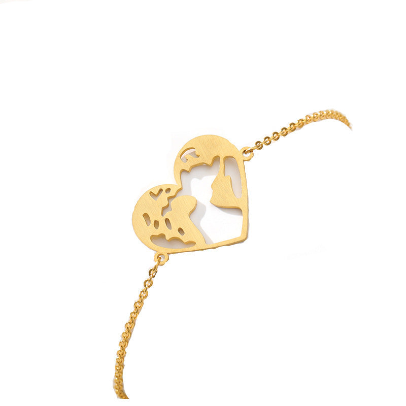 Womens Heart Shaped World Map Pendant Bracelet Stainless Steel Adjustable Chain Heart Fashion Jewelry Gift For