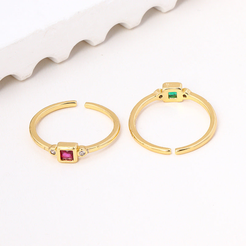 Geometric Square Zircon Ring With Green And Rose Red Inlays