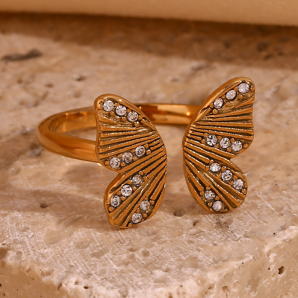 Women Stainless Steel Butterfly Ring Open Zircon Jewelry Geometry Zodiac Animal Design Ornament Everyday Style