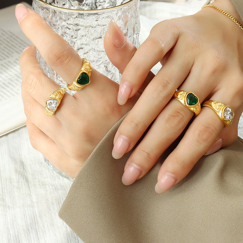 Women Heart Shaped Ring with Glass Stone Crystal Accent Titanium Steel Band Elegant Geometric Design Ideal Gift