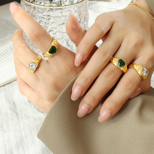 Women Heart Shaped Ring with Glass Stone Crystal Accent Titanium Steel Band Elegant Geometric Design Ideal Gift