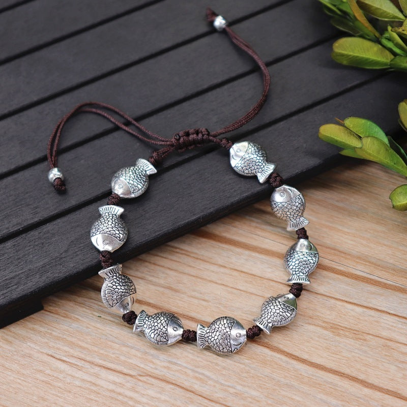 Ethnic Bracelet With Fish Pixiu Heart Flower Elephant Charms Alloy Electroplated National Design Single Bangle