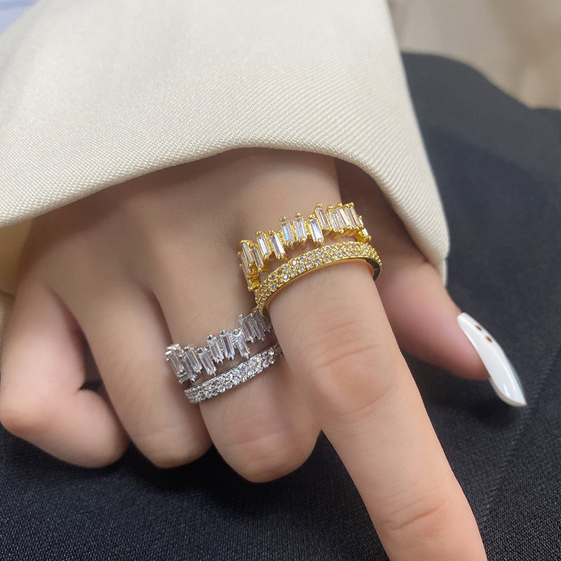 Women Double Ring Zircon Studded Irregular Rectangular Geometrical Silver Plated Fashion Jewelry Everyday Wear