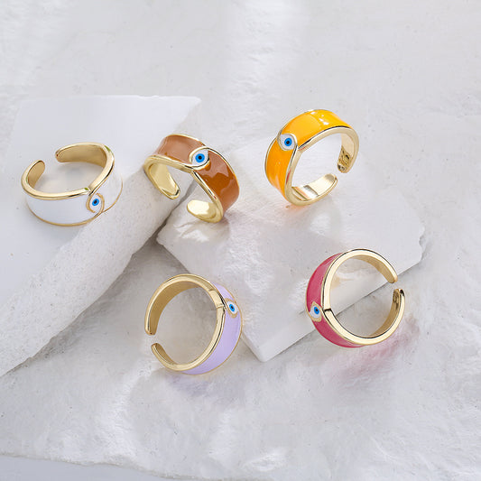 Copper Plated Gold Devil Eye Ring Zircon Adjustable Opening European American Fashion Jewelry New Design Women