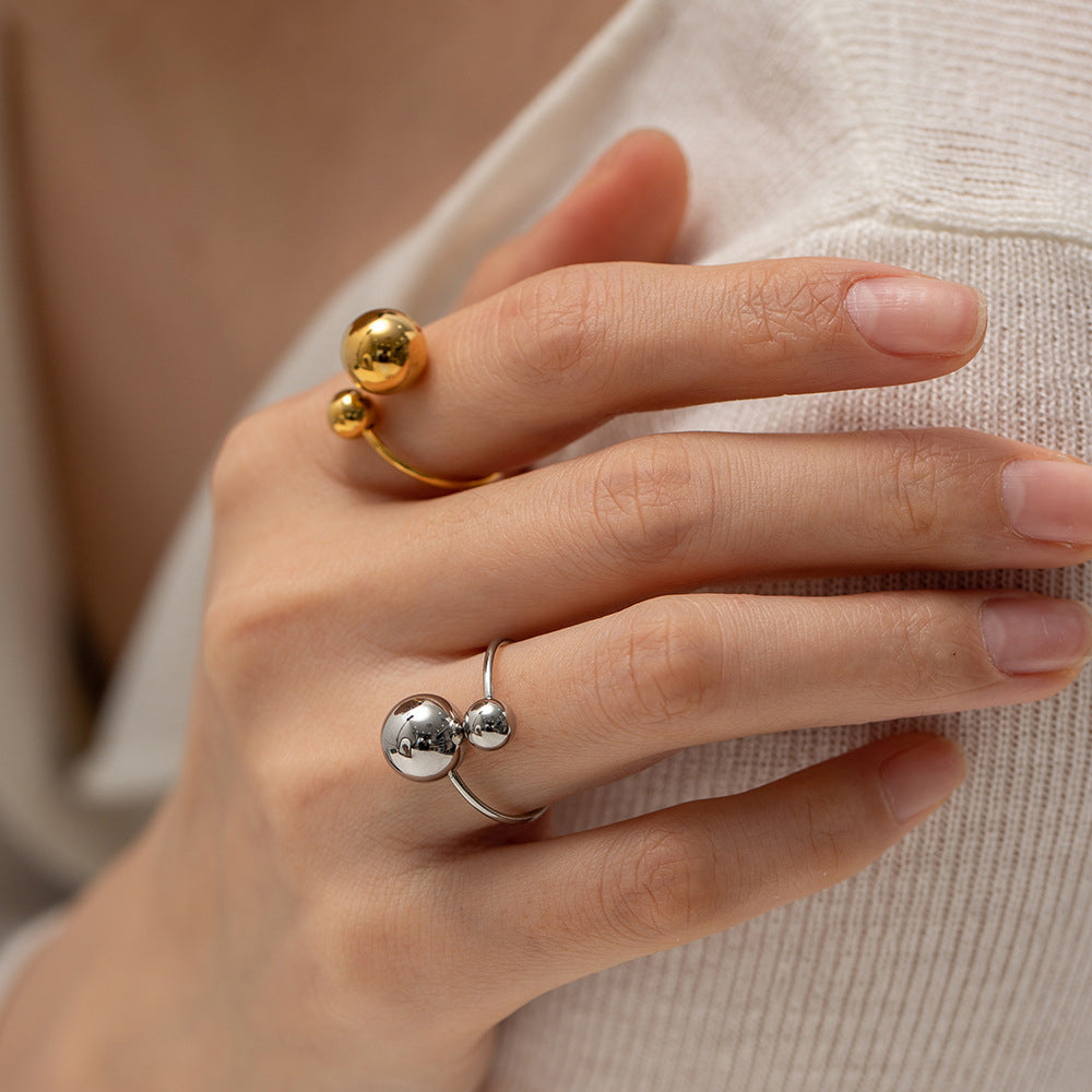 Womens Gold Plated Stainless Steel Ring With Geometric Ball Design Colorfast Electroplated Finish Jewelry Everyday