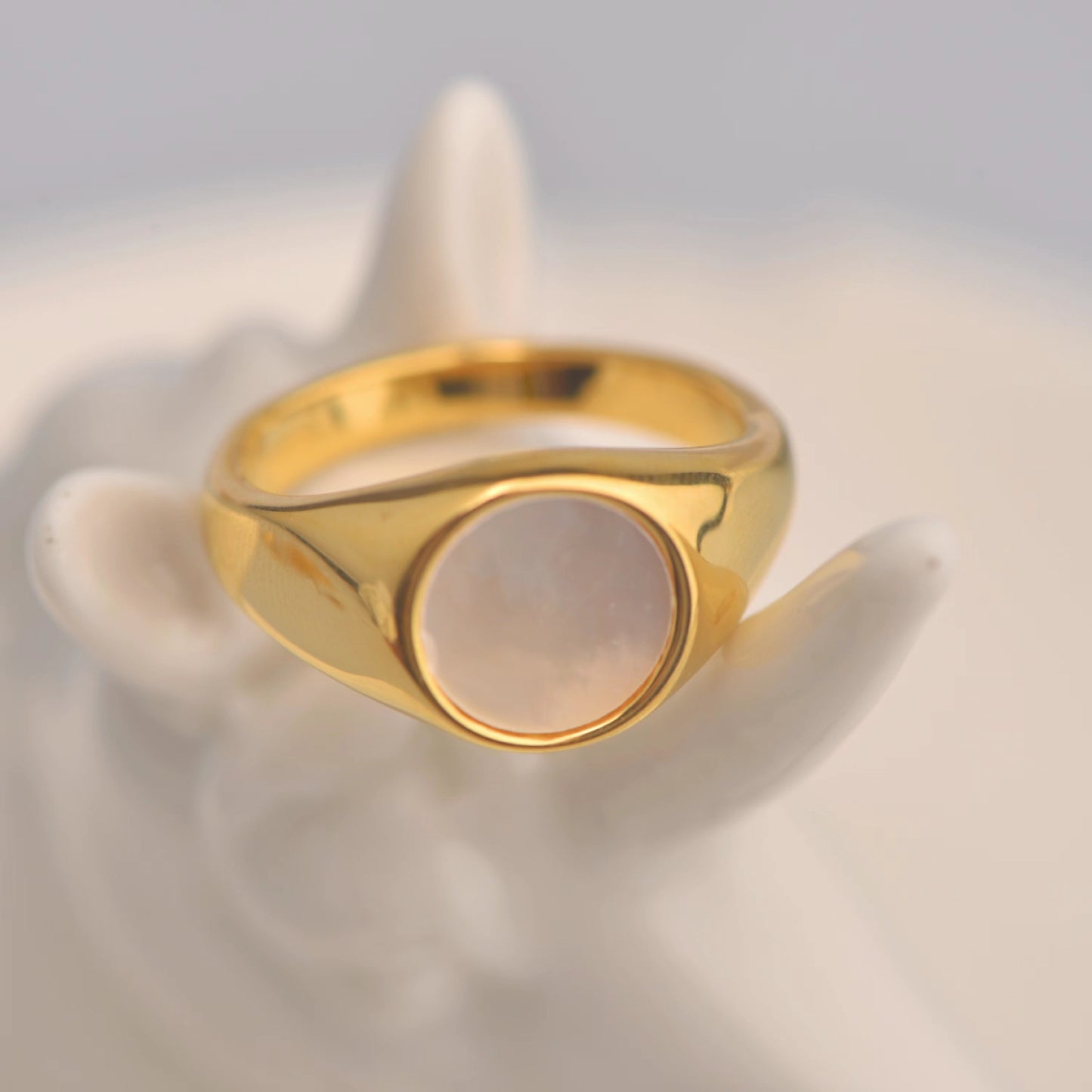 Round White Fritillaria Shell Ring For Women Titanium Steel Band Gold Tone Size 5 6 7 8 9 10 Durable Shine Now