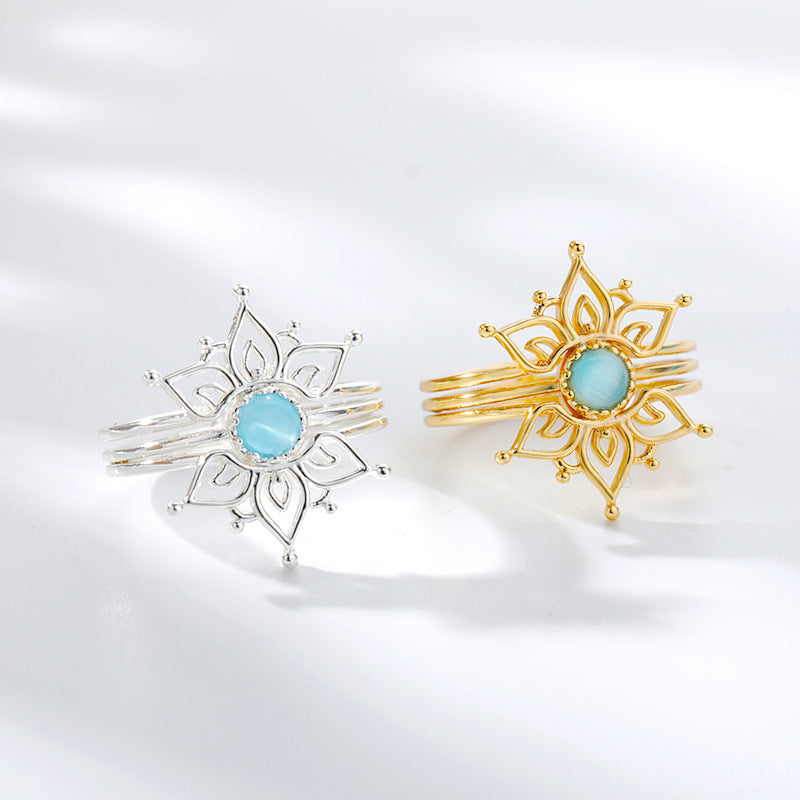 Copper Ring With Lotus Design Natural Opal Inlay And Cats Eye Stone Accent Retro Gold Tone Jewelry Elegant Era