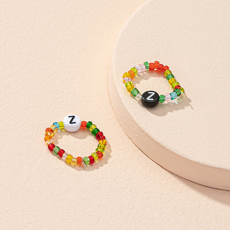 Beaded Letter Initial Ring For Ladies And Men Resin Alphabet Trendy Korean Geometric Ethnic Retro Jewelry Gift
