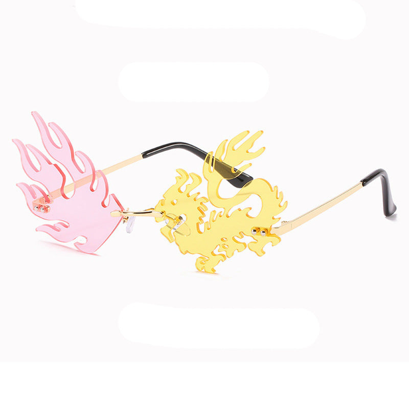 Frameless Glasses Funny Fashion Personality Unique Lightweight Plastic Material Goldtone Frame Black Gray Lens