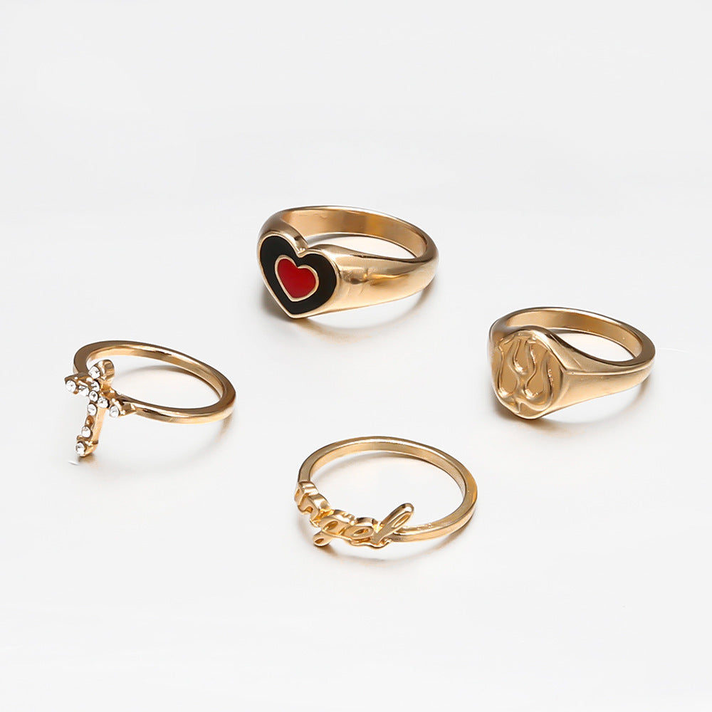 Unisex Ring Set Two Tone Electroplated Alloy Korean Geometric Rings Inlaid Artificial Gems Fashion Jewelry Set