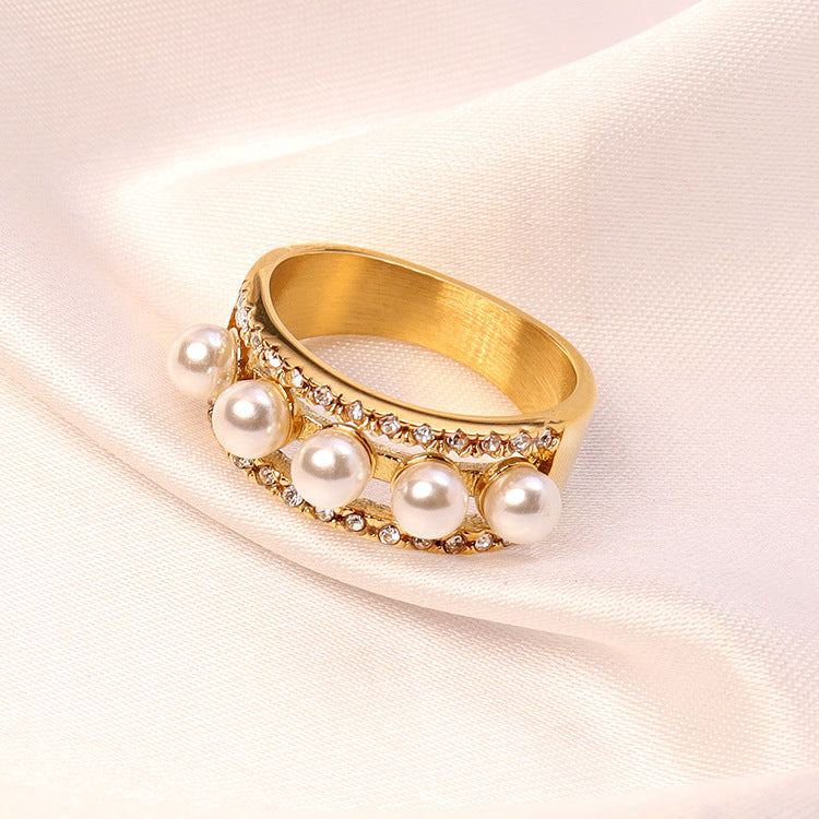 Womens Stainless Steel Ring With Pearl And Diamond Geometric Gold Ring For Her Gift Lovely Accessory For Women