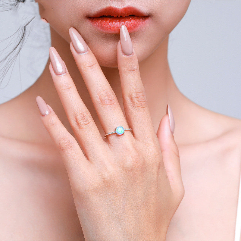 Women Opal Inlay Sterling Silver Ring Geometric Design 925 Silver US5 US6 US7 US8 US9 Jewelry Elegant Gift For Her