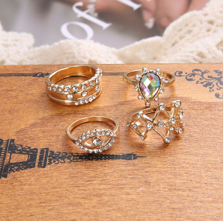 Womens Fashion Jewelry Ring Set Golden Devil Eye Star And Water Drop Design Alloy Plated Travel Collection Now