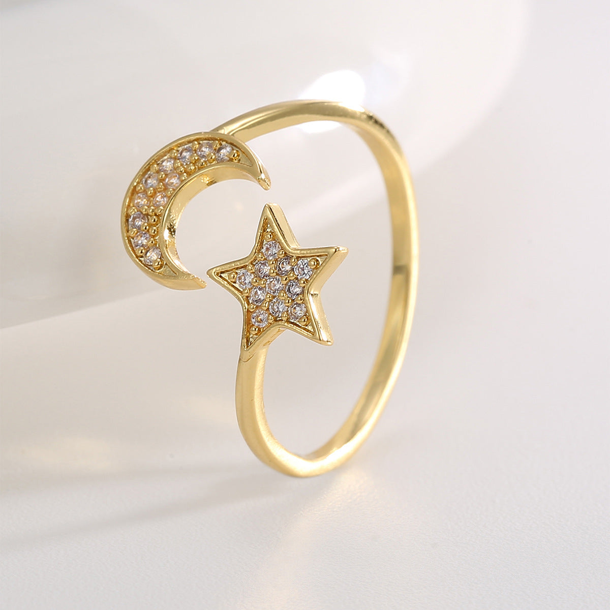 Gold Zircon Ring For Women Adjustable Copper Moon And Star Design Elegant Jewelry Open Ring Band Everyday Wear