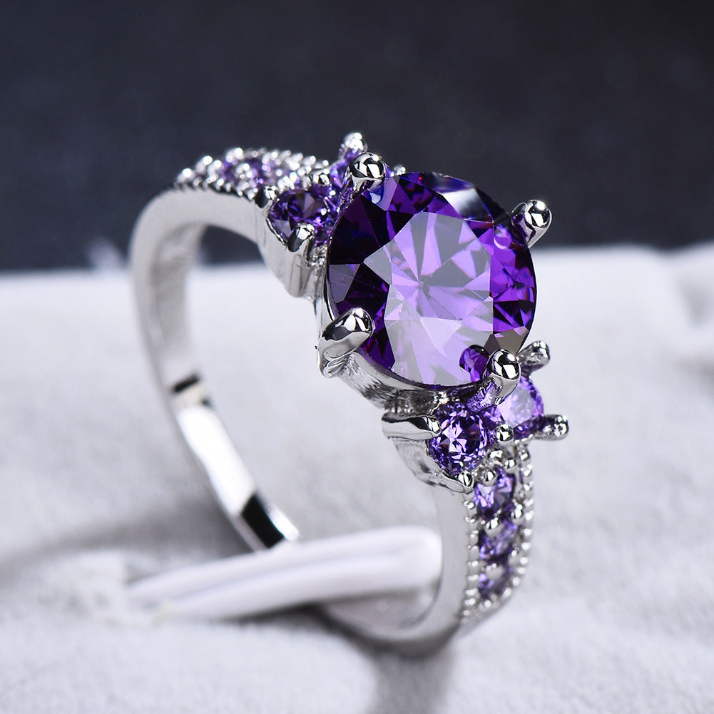 Purple Zircon Diamond Inlay Copper Band Ring Korean Style White Gold Gem Jewelry Fashion Accessory Women Gleam