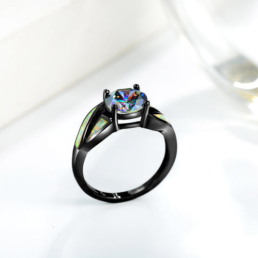 Womens Brass Ring With Black Diamante Stone Fashion Accessory Lightweight Design Elegant Band Ring 8mm And 7mm